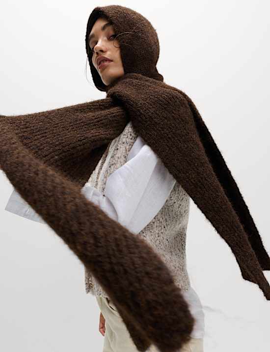 Ribbed Knit Hooded Scarf with Wool