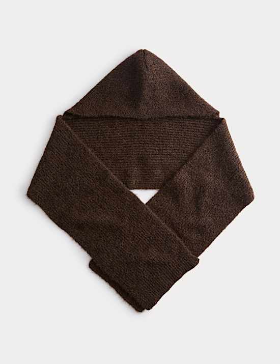 Ribbed Knit Hooded Scarf with Wool