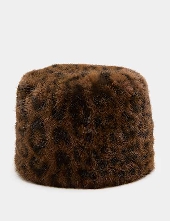 Faux Fur Animal Print Pill Box Hat