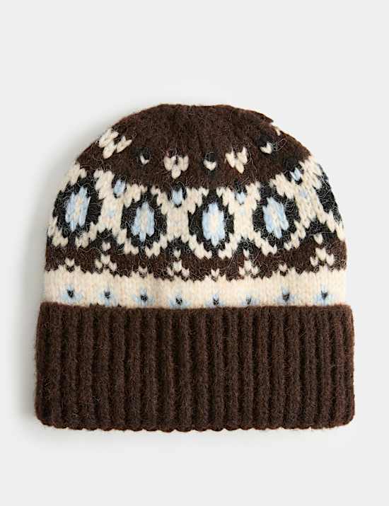 Fair Isle Knitted Beanie with Wool