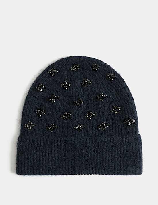 Knitted Embellished Beanie Hat with Wool