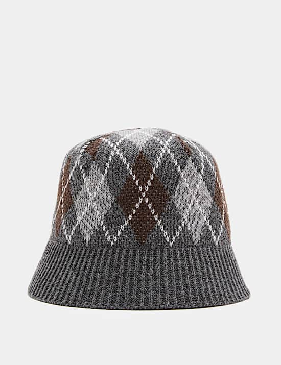 Wool Blend Knitted Argyle Bucket Hat