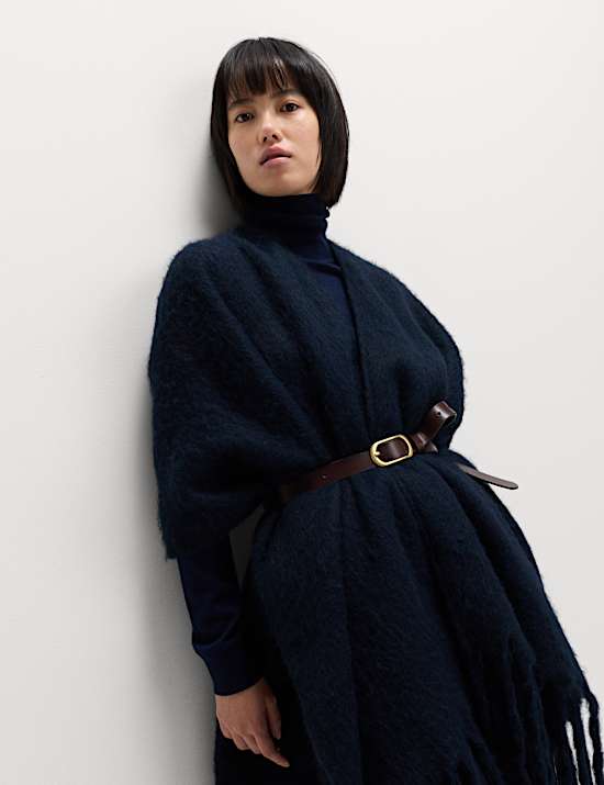 Brushed Fringed Wrap Scarf with Wool