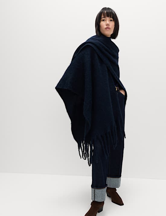 Brushed Fringed Wrap Scarf with Wool