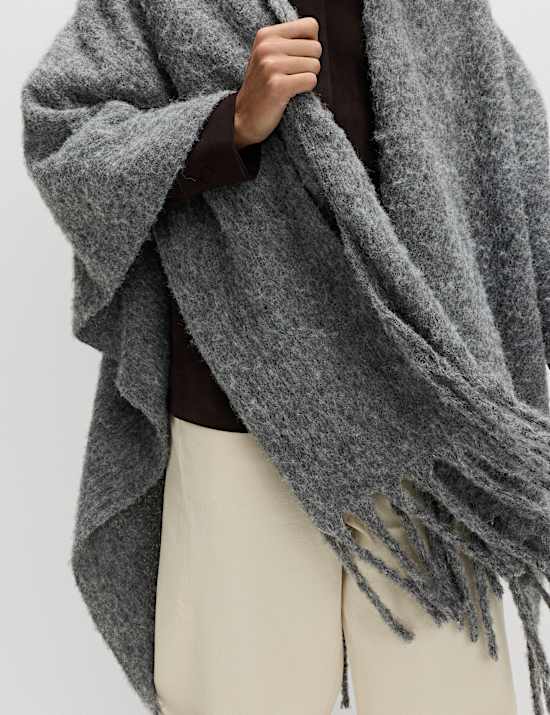 Brushed Fringed Wrap Scarf with Wool