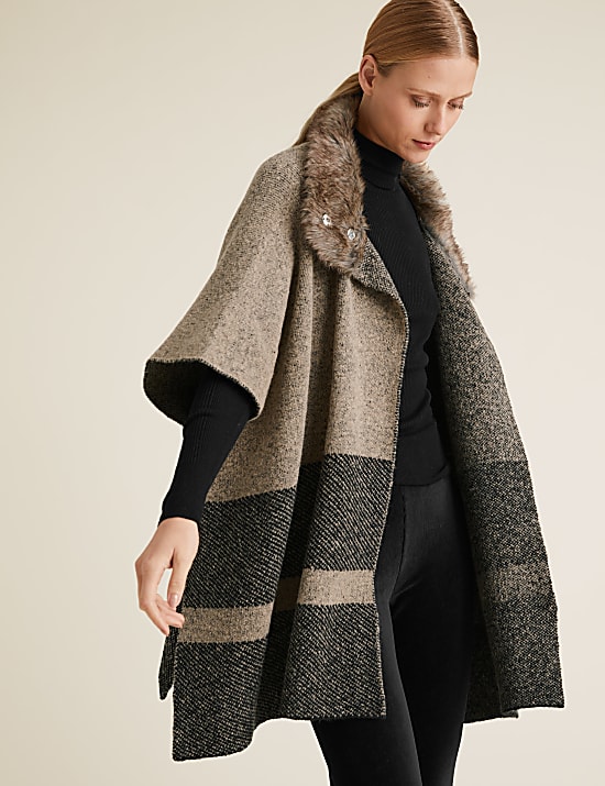 Knitted Striped Faux Fur Collar Poncho