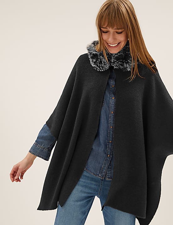 Faux Fur Trim Hooded Poncho