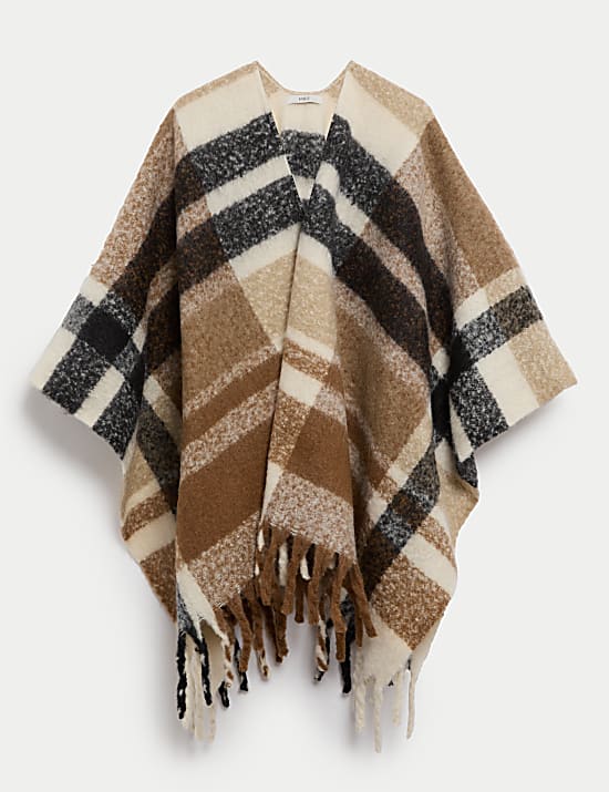 Geborstelde poncho met ruitmotief
