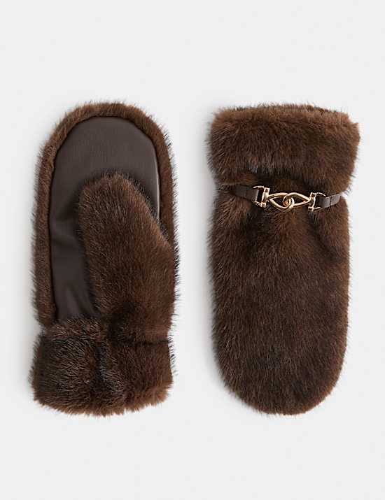 Faux Fur Knot Detail Cuffed Mittens