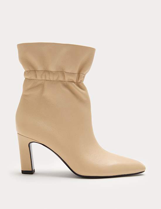 Leather Ruched Block Heel Ankle Boots
