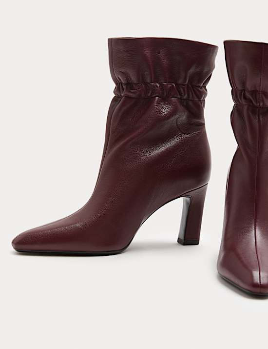 Leather Ruched Block Heel Ankle Boots
