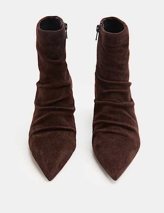 Suede Ruched Kitten Heel Pointed Ankle Boots