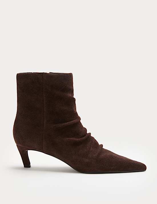 Suede Ruched Kitten Heel Pointed Ankle Boots