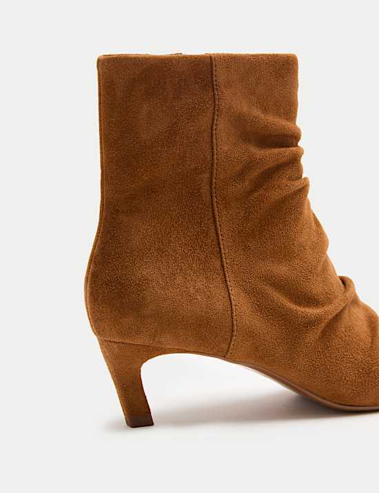 Suede Ruched Kitten Heel Pointed Ankle Boots