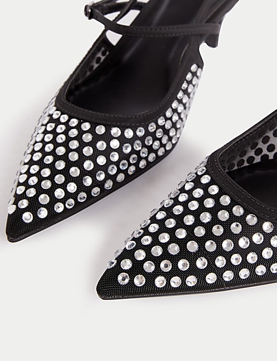 Zapatos de punta con tacón kitten sin talón con brillos