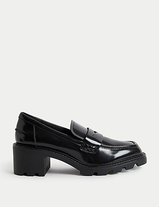 Leather Patent Slip On Block Heel Loafers