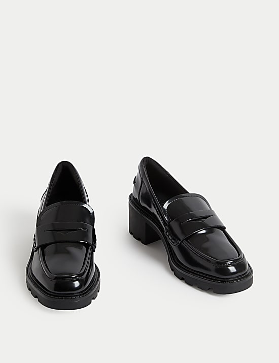 Leather Patent Slip On Block Heel Loafers