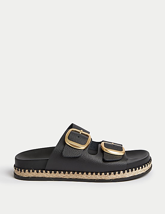 Leather Double Buckle Flatform Sandals BLACK Sandals M S GR