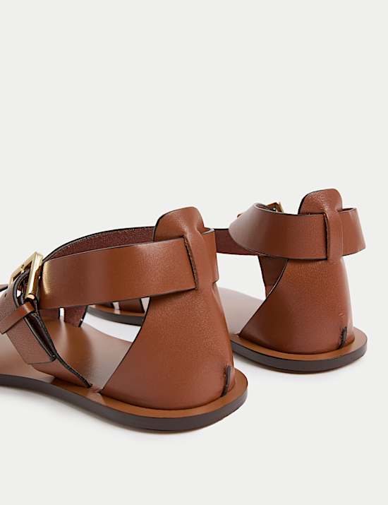 Leather Crossover Ankle Strap Flat Sandals