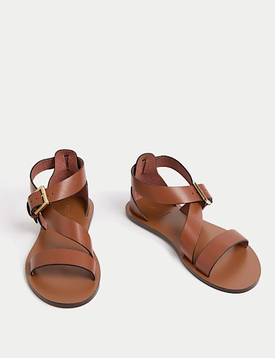 Leather Crossover Ankle Strap Flat Sandals