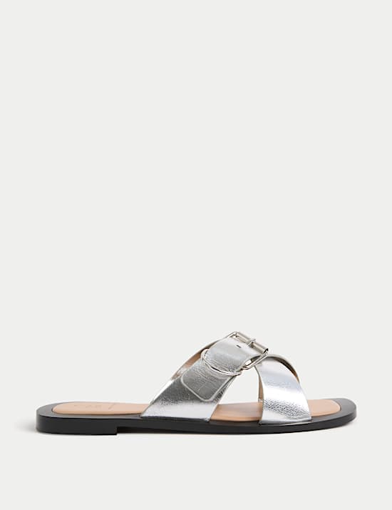 Leather Buckle Flat Square Toe Mules