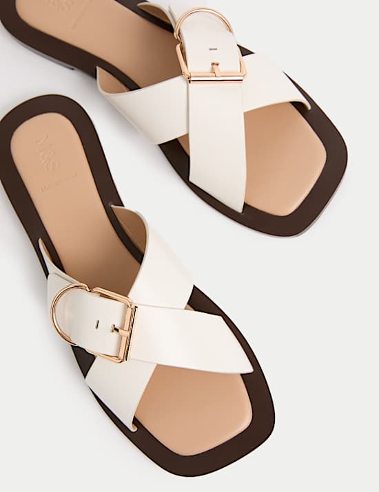 Leather Buckle Flat Square Toe Mules