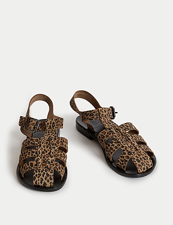 Suede Leopard Print Buckle Flat Sandals
