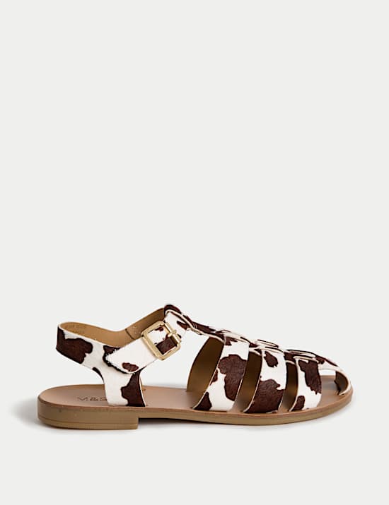 Leather Cow Print Ankle Strap Fisherman Sandals