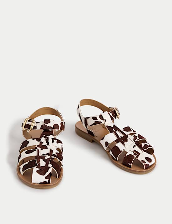 Leather Cow Print Ankle Strap Fisherman Sandals