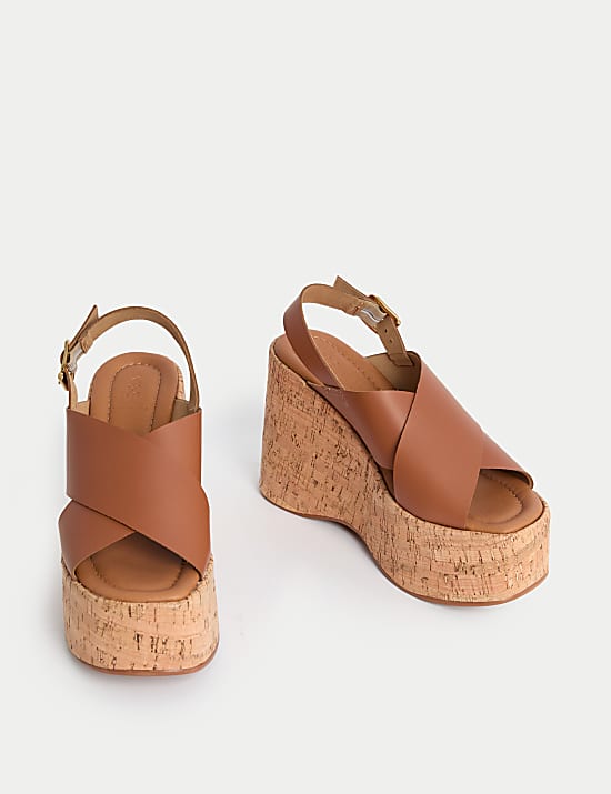 Leather Crossover Ankle Strap Wedge Sandals