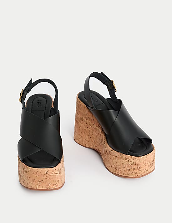 Leather Crossover Ankle Strap Wedge Sandals