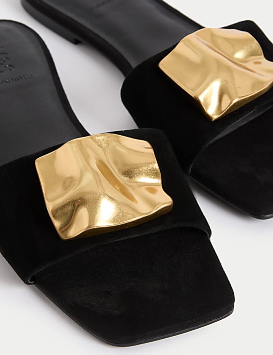 Suede Gold Detail Flat Mule Sandal