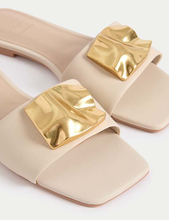 Leather Gold Detail Flat Mule Sandals