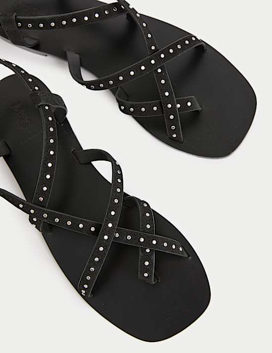 Suede Studded Strappy Flat Sandals