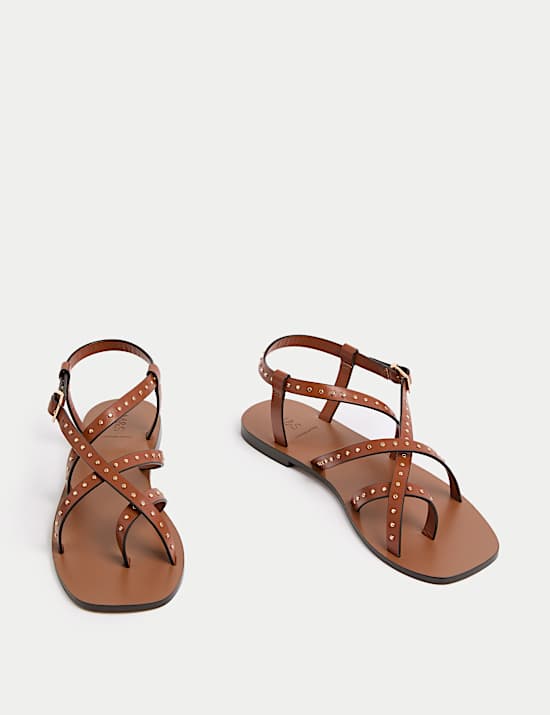 Leather Studded Ankle Strap Flat Sandals