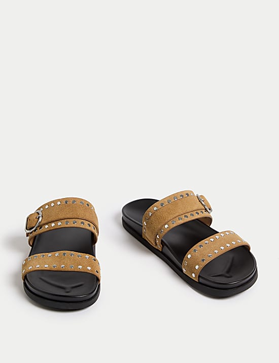 Suede Studded Strappy Footbed Sandals