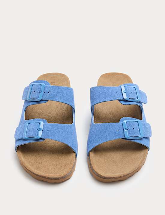 Suede Buckle Footbed Mules