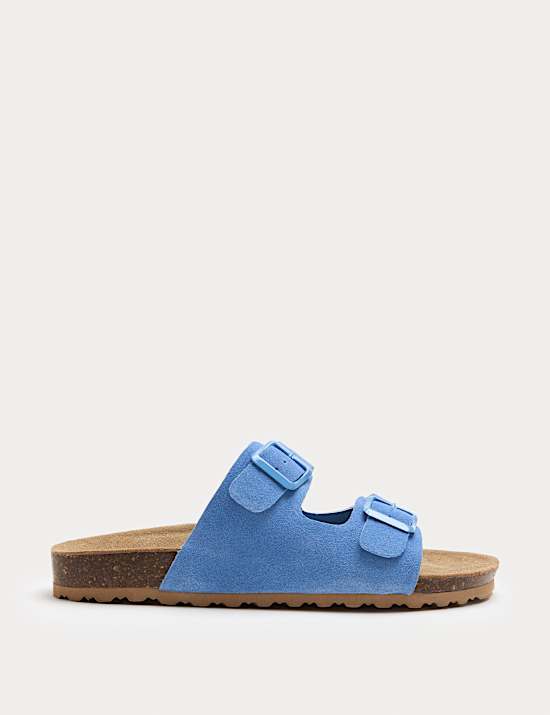 Suede Buckle Footbed Mules