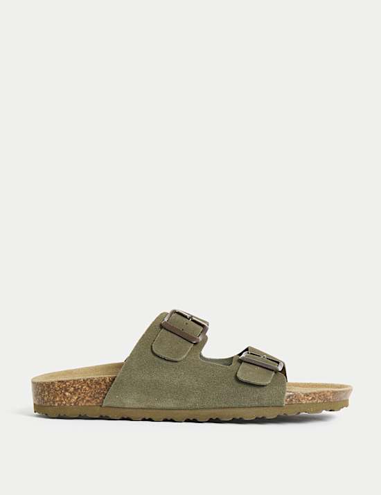 Suede Buckle Footbed Mules