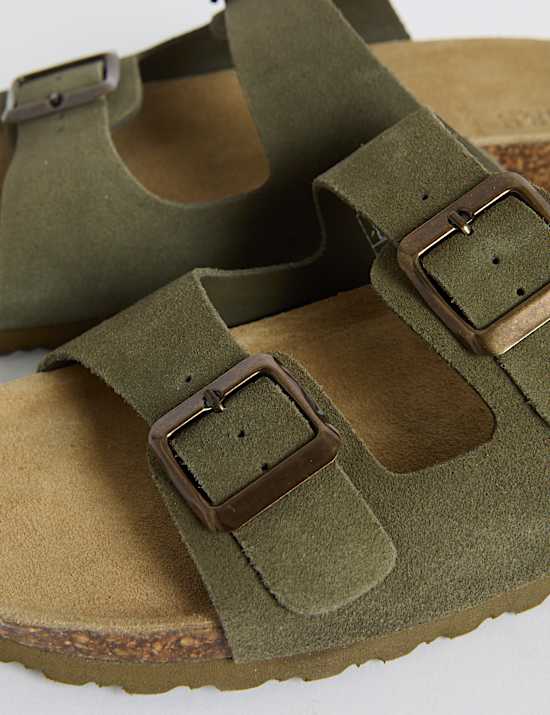 Suede Buckle Footbed Mules