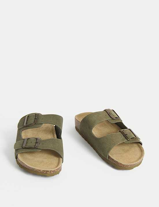 Suede Buckle Footbed Mules