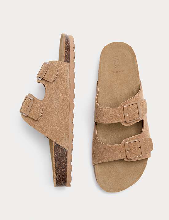 Suede Buckle Footbed Mules