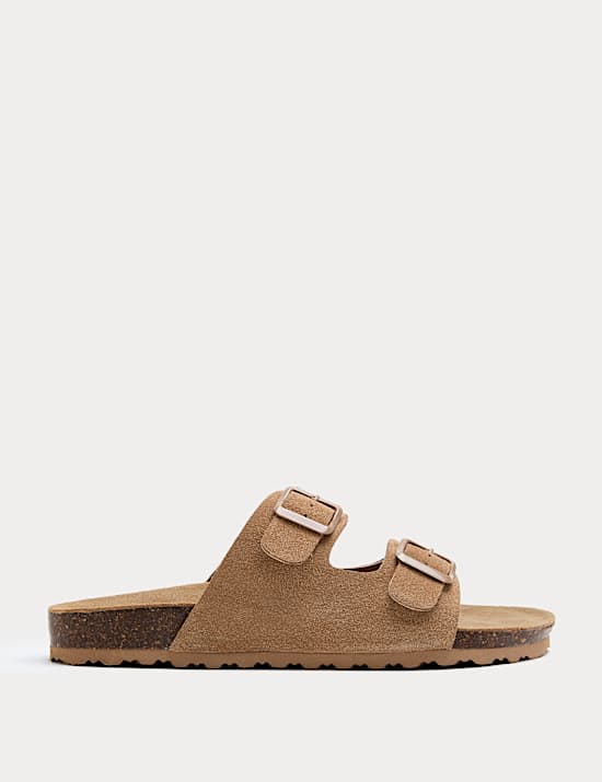 Suede Buckle Footbed Mules