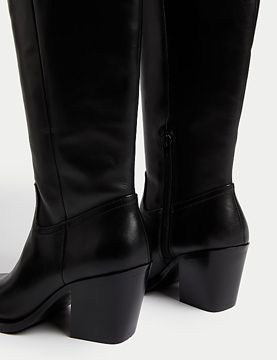 Leather Cowboy Block Heel Knee High Boots