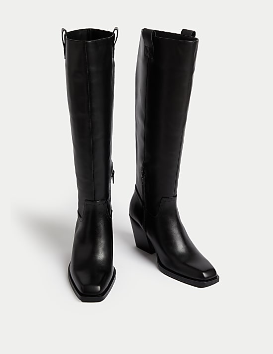 Leather Cowboy Block Heel Knee High Boots