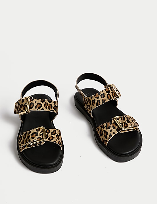 Leather Leopard Print Flatform Sandals
