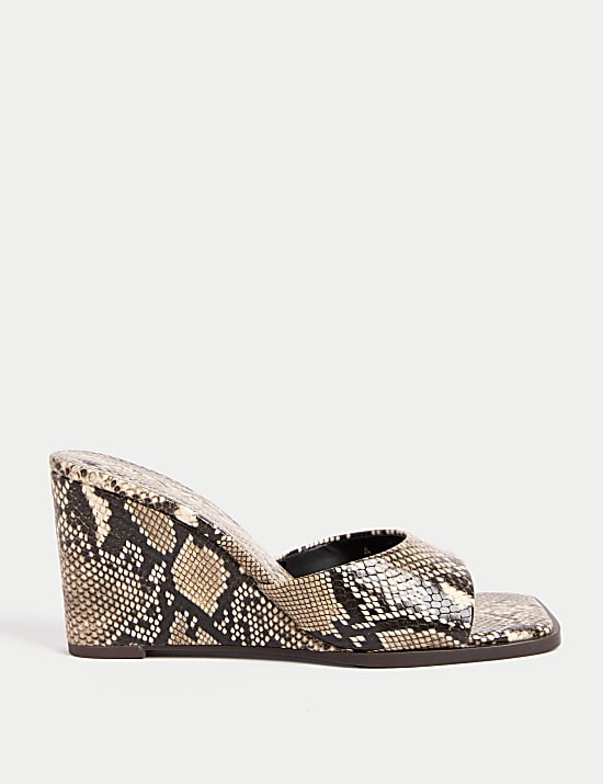 Snake Print Slip On Wedge Square Toe Mules