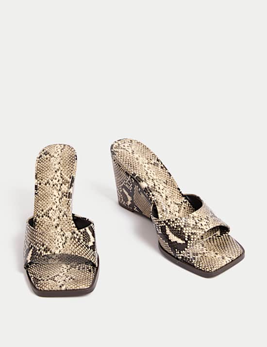 Snake Print Slip On Wedge Square Toe Mules