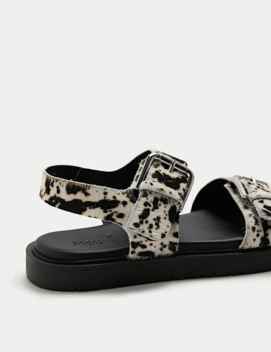 Leather Cow Print Double Buckle Flatform Sandals
