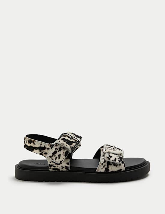 Leather Cow Print Double Buckle Flatform Sandals
